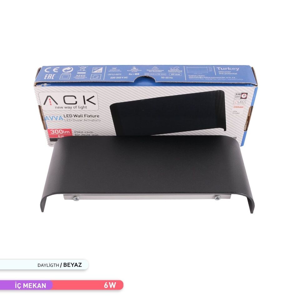 ACK AH07-03231 6W 6500K 9 cm X 23 cm LED Duvar Armatürü Siyah