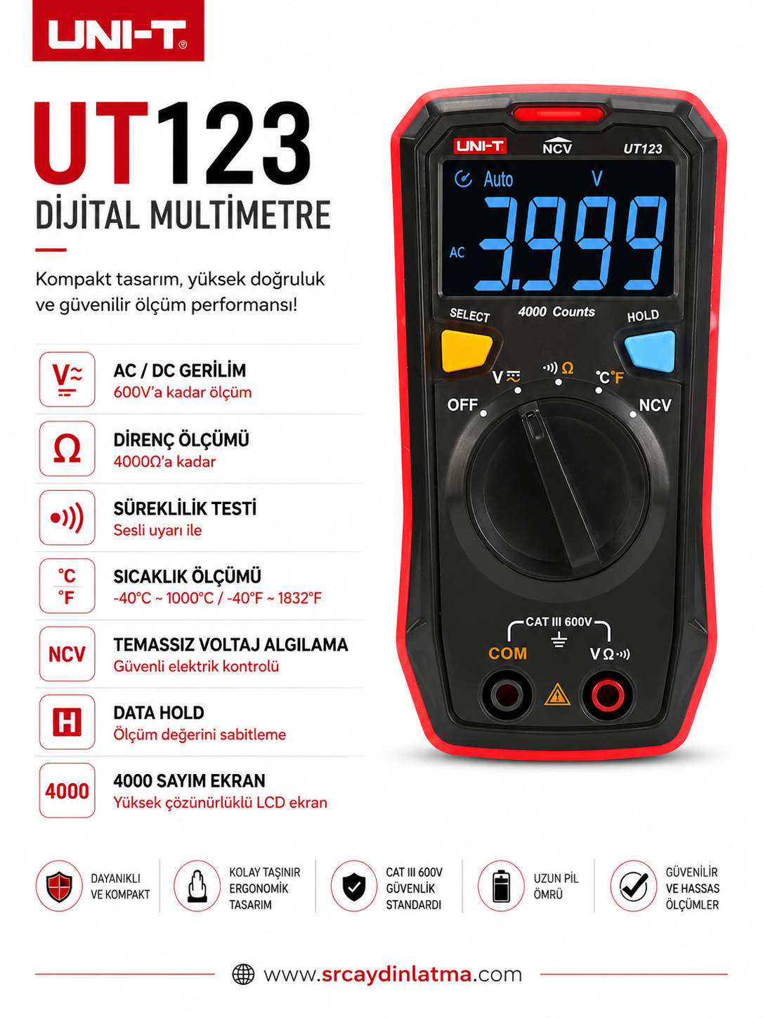 Unit UT123 Cepte Taşınabilir Dijital Led Ekranlı Multimetre Ölçü Aleti