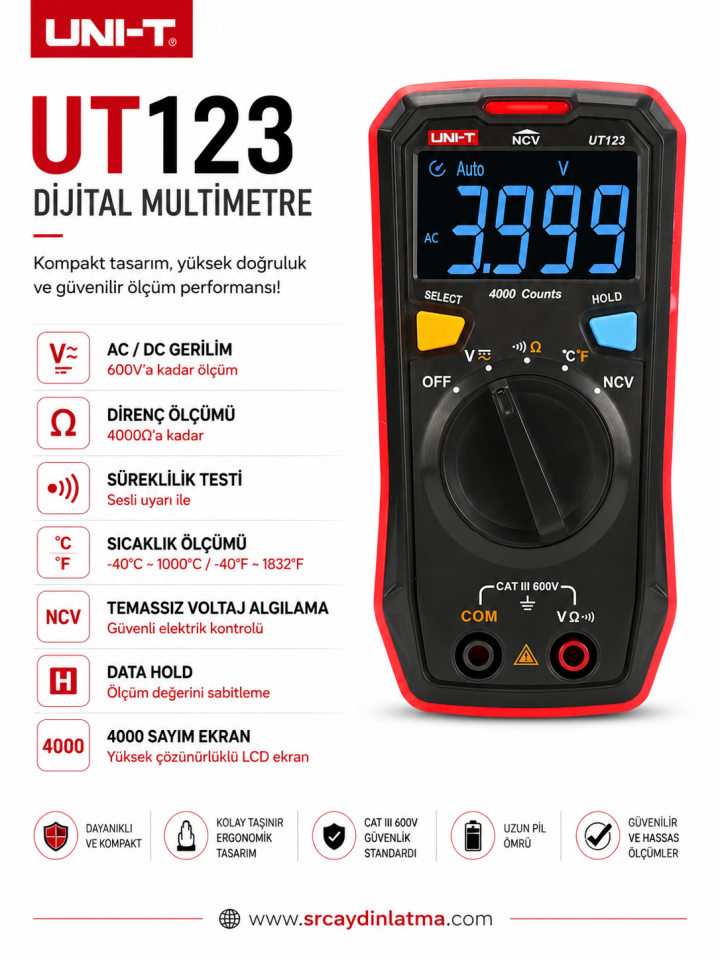 Unit UT123 Cepte Taşınabilir Dijital Led Ekranlı Multimetre Ölçü Aleti