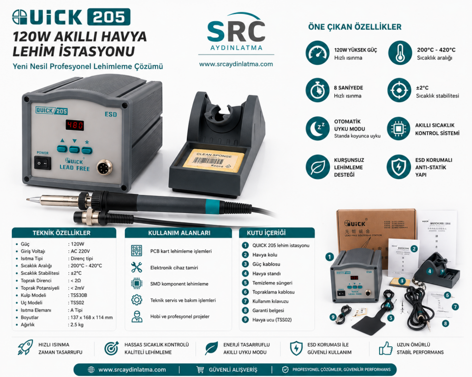 Quick 205 120W Akıllı Havya Lehim İstasyonu Yeni Nesil