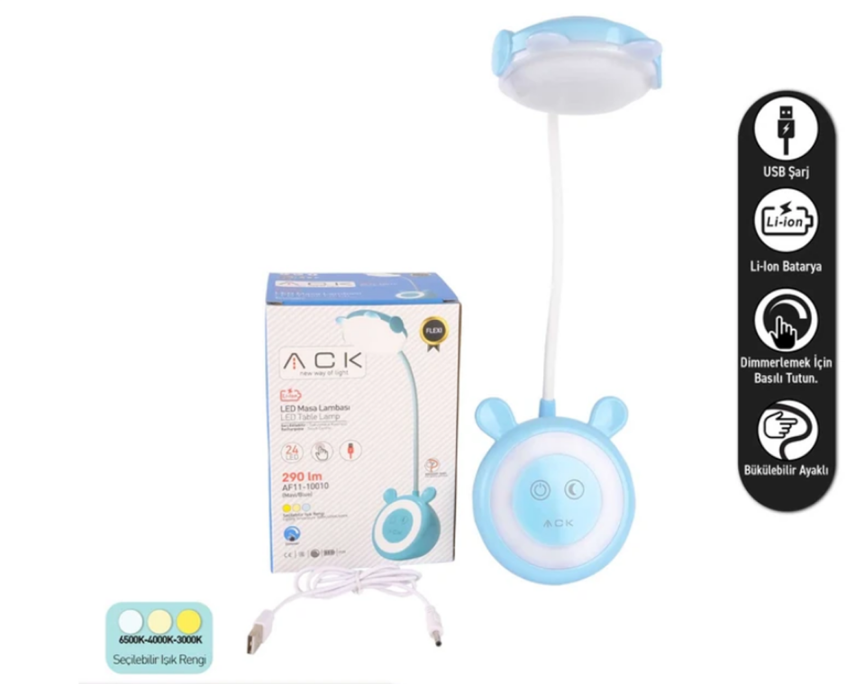 ACK AF11-10010 Mavi Şarj Edilebilir Dokunmatik Dimlenebilir Çift Işıklı LED Masa Lambası