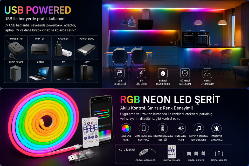 SRC Pixel Neon Led Set 5 Metre RGB Kumandalı + Wifi Kontrol Esnek Şerit Led