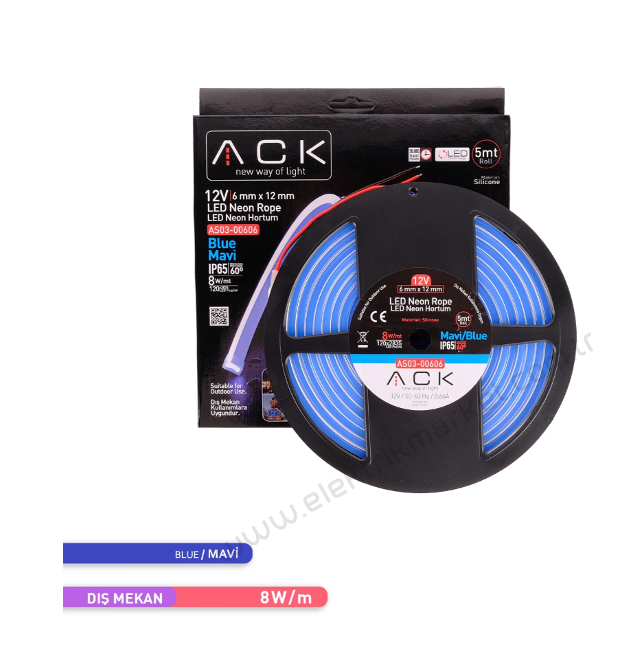 ACK AS03-00606  5 Metre Mavi Işık 12V Neon LED