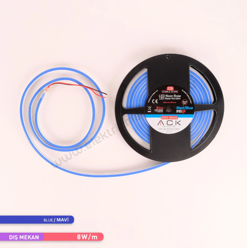 ACK AS03-00606  5 Metre Mavi Işık 12V Neon LED