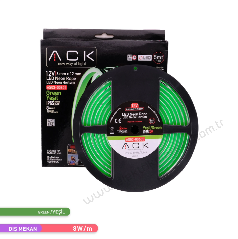 ACK AS03-00605  5 Metre Yeşil Işık 12V Neon LED