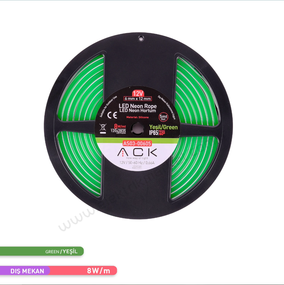 ACK AS03-00605  5 Metre Yeşil Işık 12V Neon LED