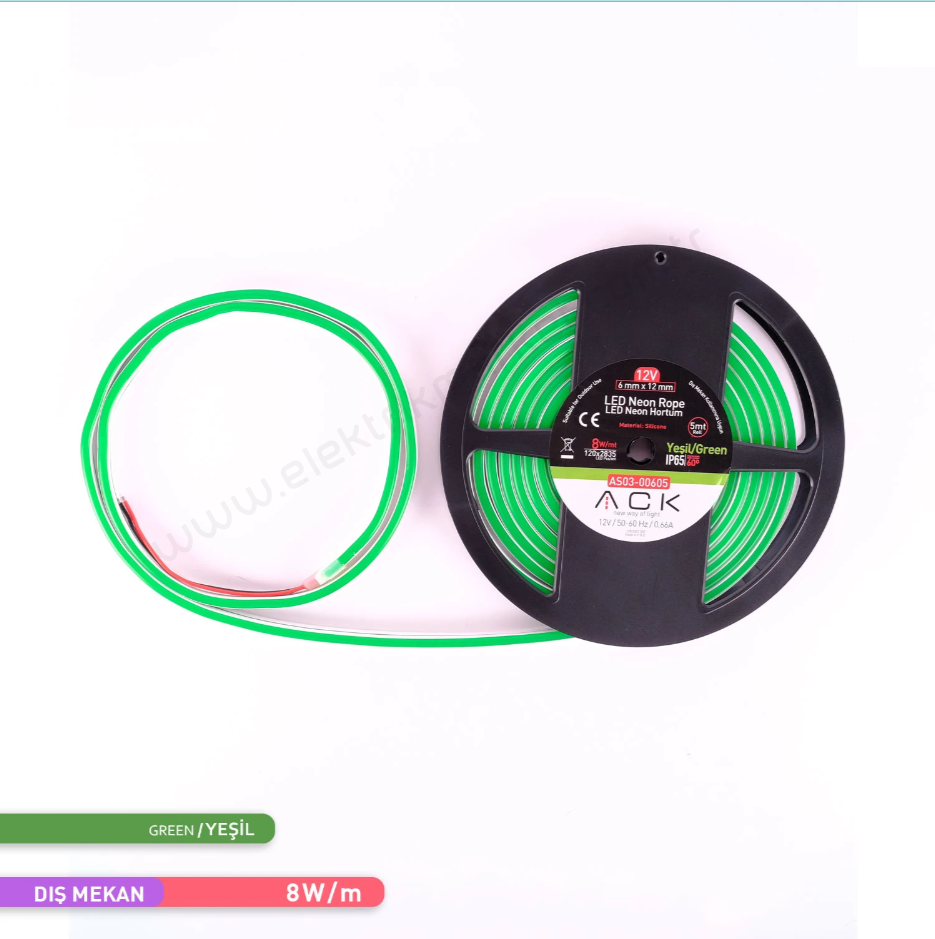 ACK AS03-00605  5 Metre Yeşil Işık 12V Neon LED