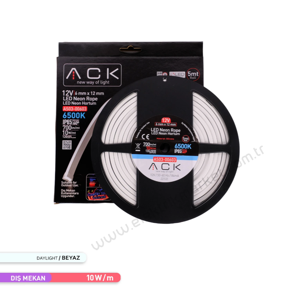ACK AS03-00603  5 Metre 6500K Beyaz Işık 12V Neon LED