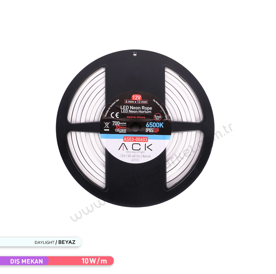 ACK AS03-00603  5 Metre 6500K Beyaz Işık 12V Neon LED