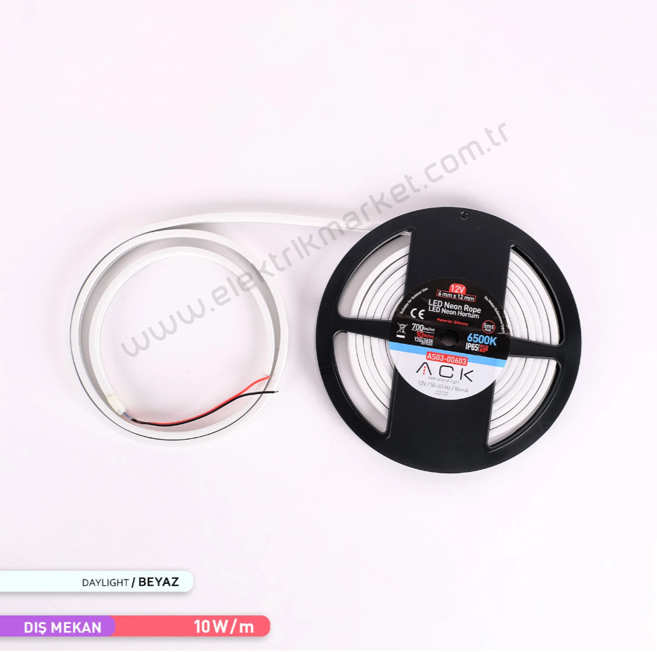 ACK AS03-00603  5 Metre 6500K Beyaz Işık 12V Neon LED