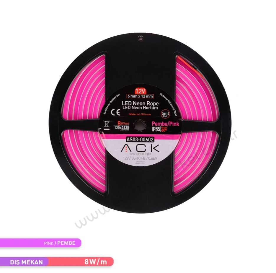ACK AS03-00602  5 Metre Pembe Işık 12V Neon LED