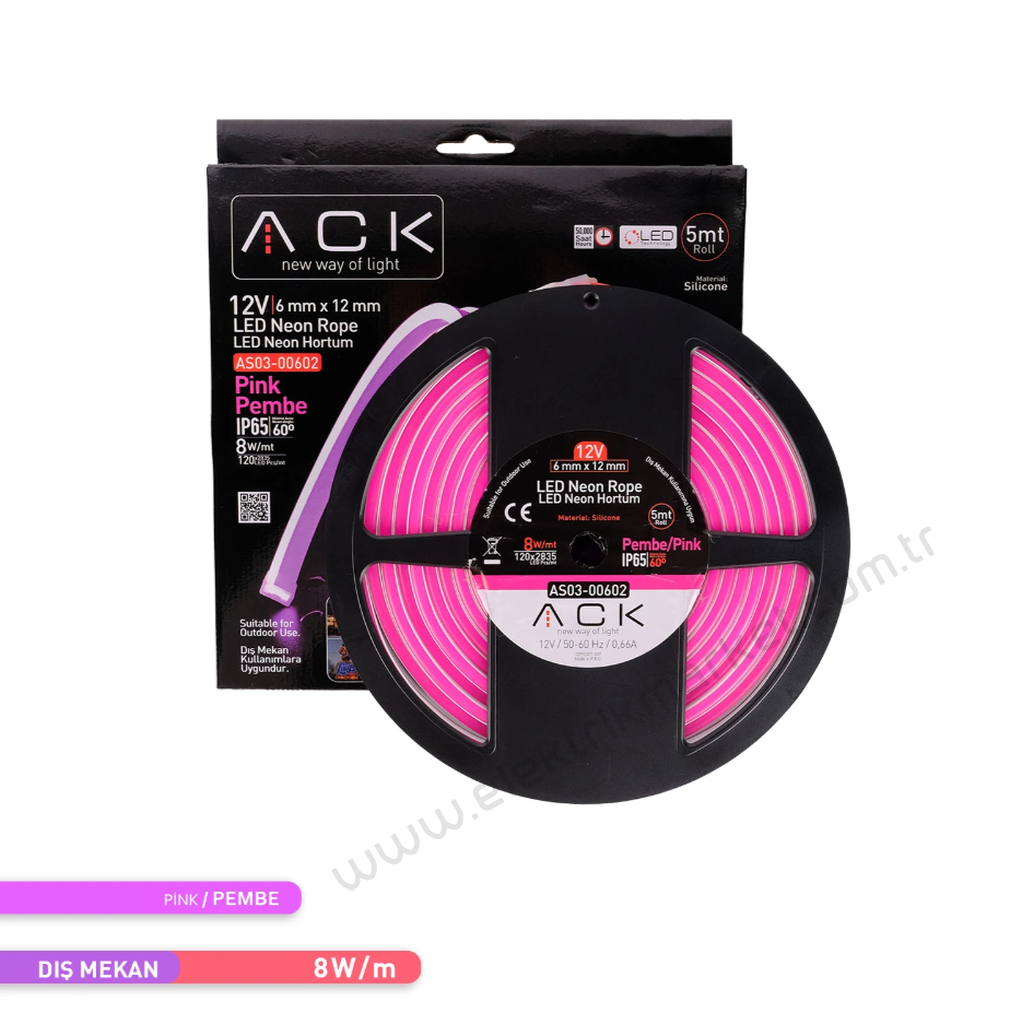 ACK AS03-00602  5 Metre Pembe Işık 12V Neon LED