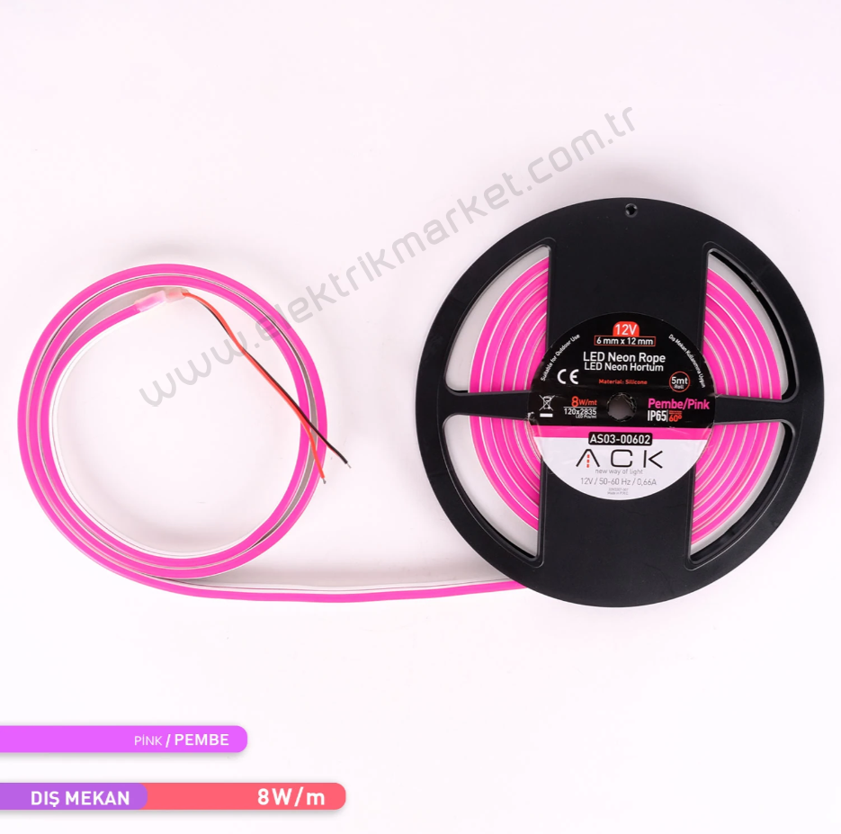 ACK AS03-00602  5 Metre Pembe Işık 12V Neon LED