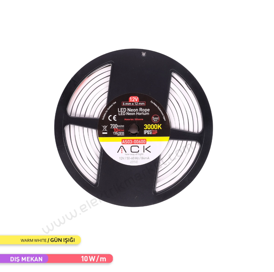 ACK AS03-00600  5 Metre 3000K Gün Işığı 12V Neon LED