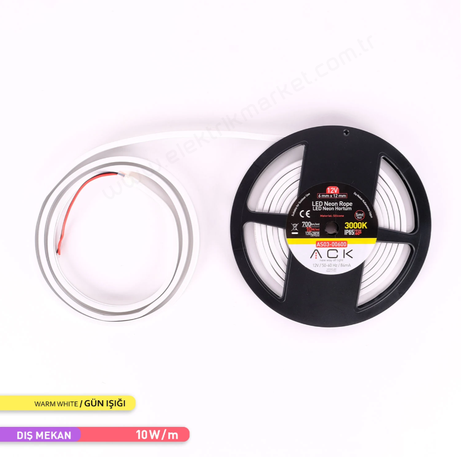 ACK AS03-00600  5 Metre 3000K Gün Işığı 12V Neon LED