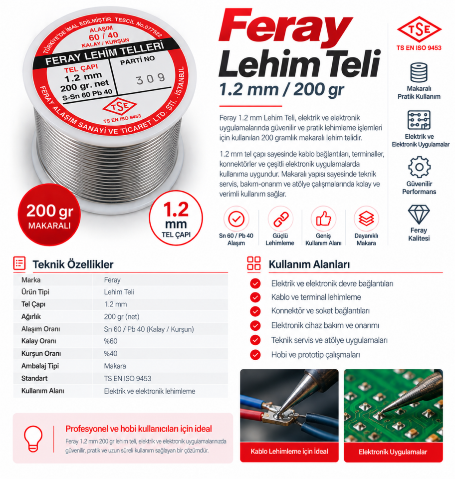 Feray Lehim Teli 1.2 mm 200 gr Sn60/Pb40 Makaralı Lehim Teli