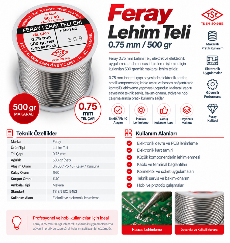 Feray Lehim Teli 0.75 mm 500 gr Sn60/Pb40 Makaralı Lehim Teli