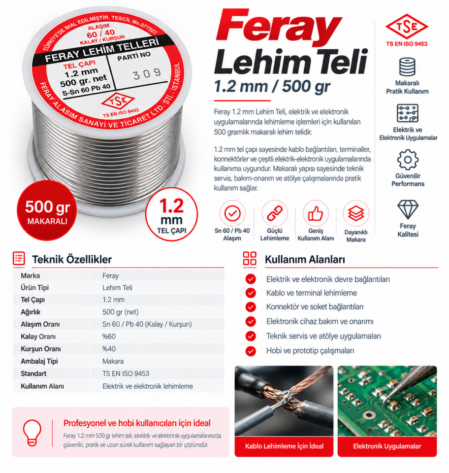 Feray Lehim Teli 1.2 mm 500 gr Sn60/Pb40 Makaralı Lehim Teli