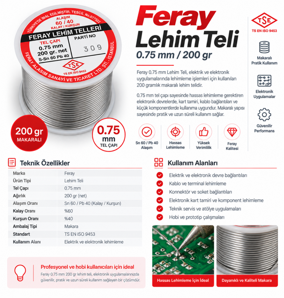 Feray Lehim Teli 0.75 mm 200 gr Sn60/Pb40 Makaralı Lehim Teli