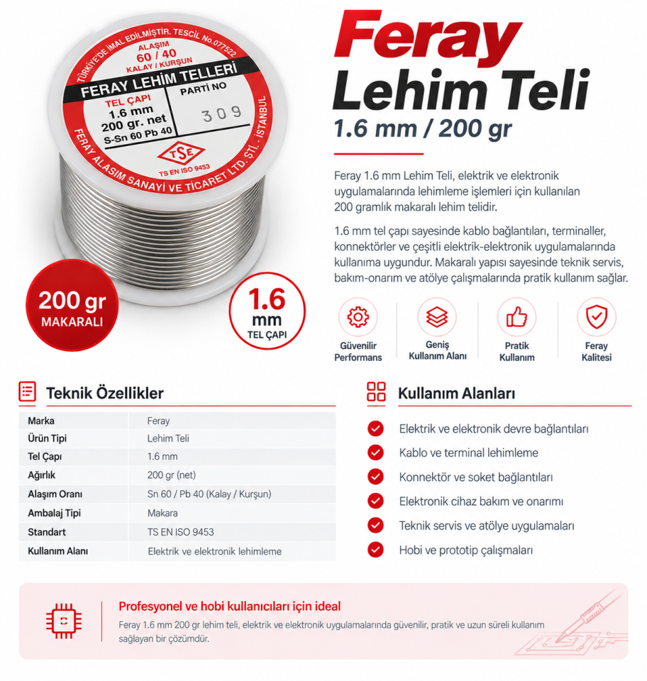 Feray Lehim Teli 1.6 mm 200 gr Sn60/Pb40 Makaralı Lehim Teli