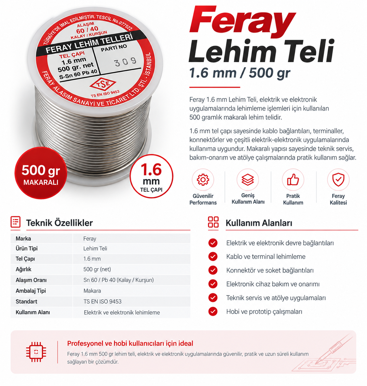 Feray Lehim Teli 1.6 mm 500 gr Sn60/Pb40 Makaralı Lehim Teli