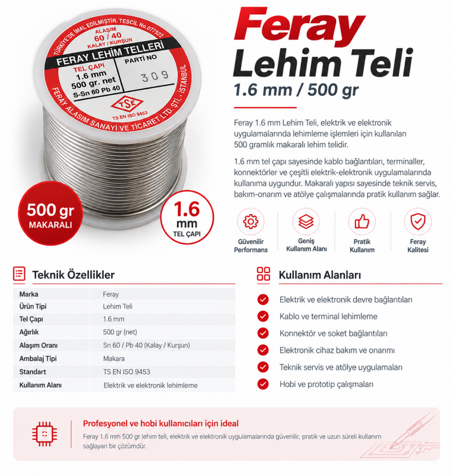 Feray Lehim Teli 1.6 mm 500 gr Sn60/Pb40 Makaralı Lehim Teli