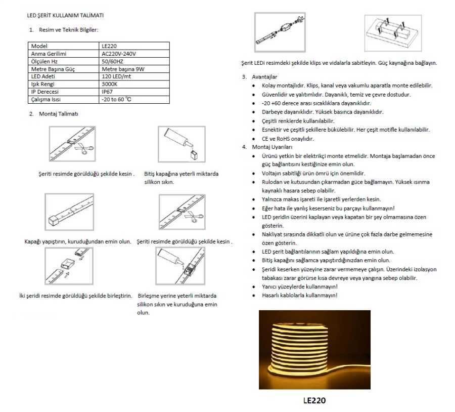 NOAS YL42-0008 Pembe Işık 220v Neon LED  50 metre