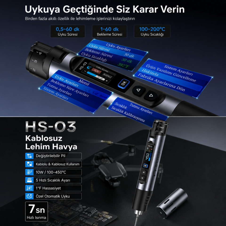 FNIRSI HS03 Akıllı Şarjlı Dijital Lehim Havya Seti