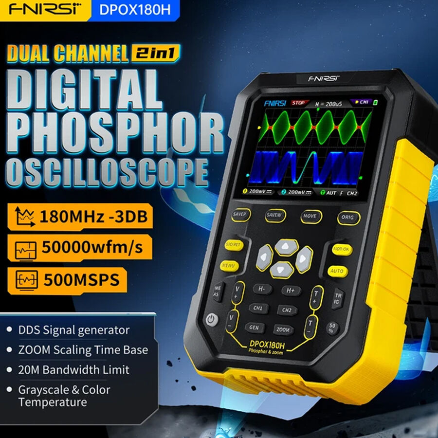 Fnirsi DPOX180H 2 Kanal 180MHz El Tipi Fosfor Dijital Osiloskop ve Sinyal Jeneratörü Sarı renk
