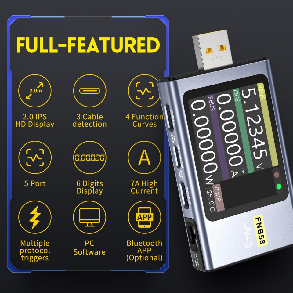 FNIRSI FNB58-BT Bluetooth USB Voltmetre Ampermetre Test Cihazı