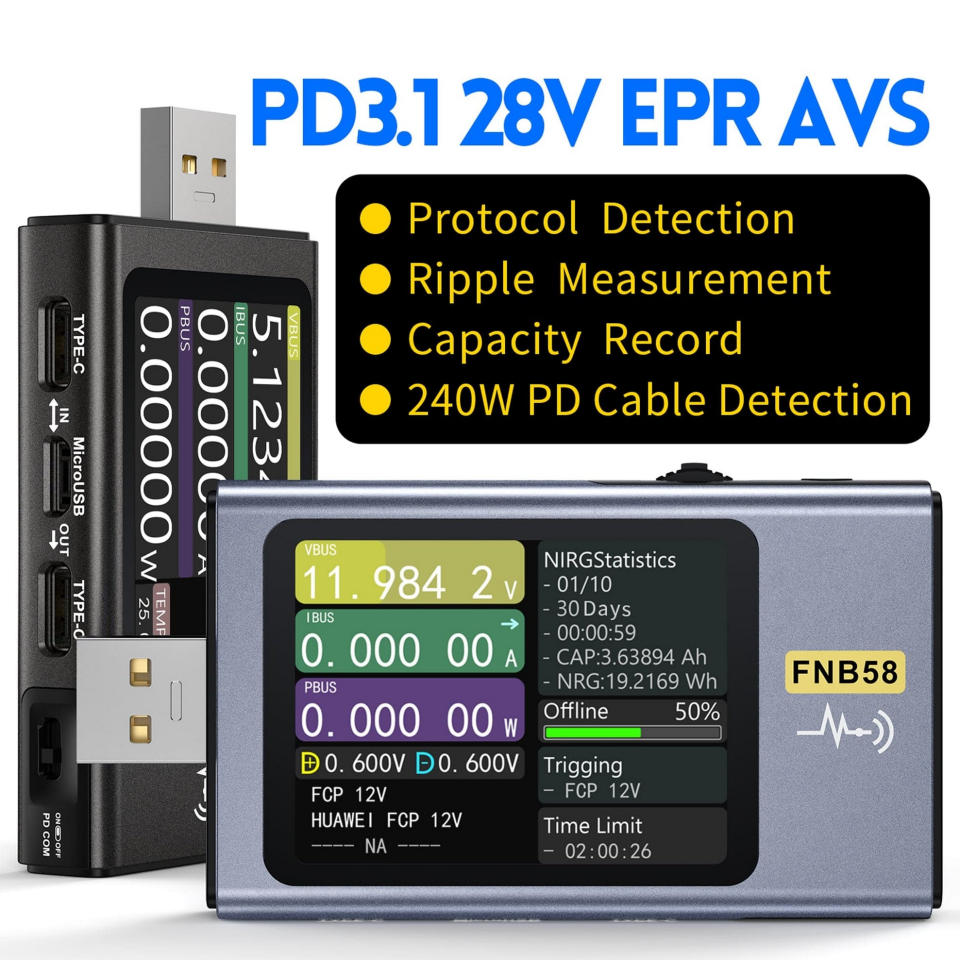 FNIRSI FNB58-BT Bluetooth USB Voltmetre Ampermetre Test Cihazı